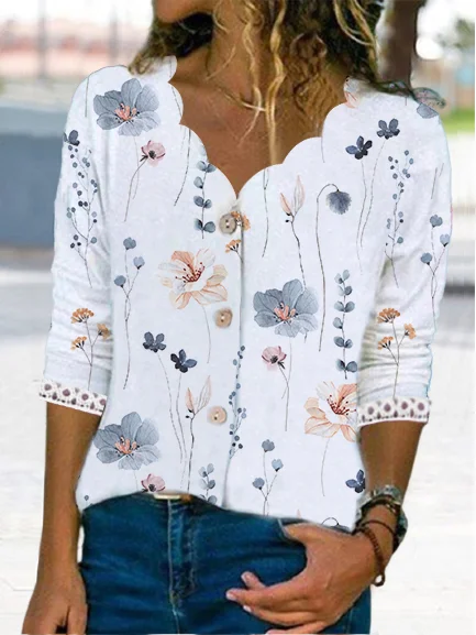Floral Loose V Neck Knitted Casual Shirt