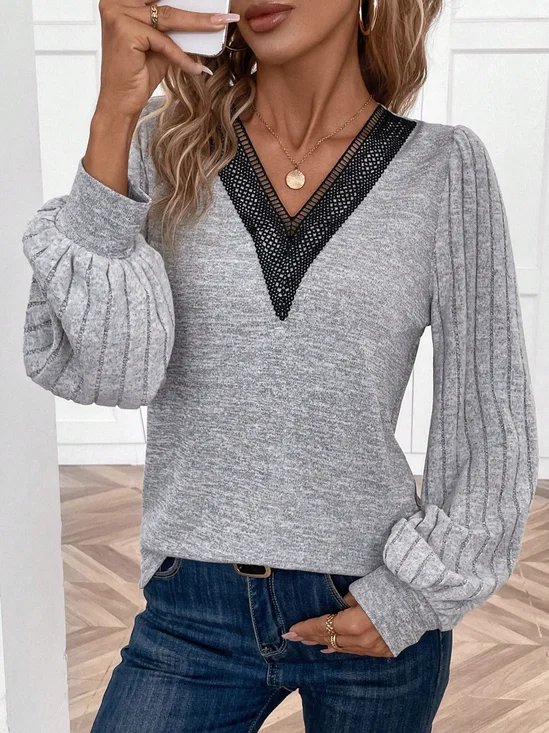 Lace Casual V Neck Loose Shirt