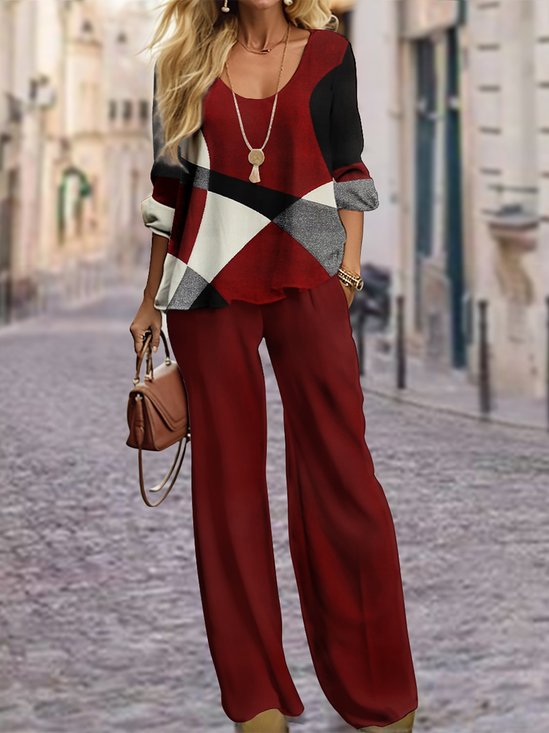 Color Block Loose Scoop Neck Vintage Two-Piece Set