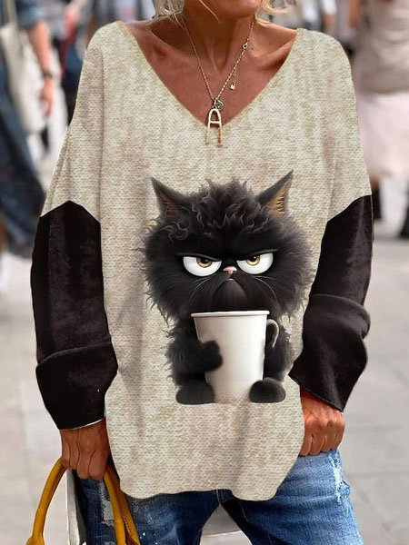 Cat Knitted V Neck Casual Shirt