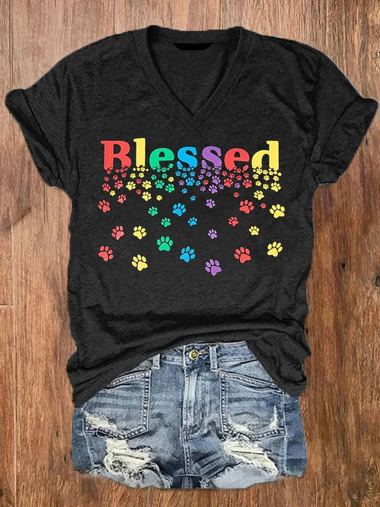 Women Dog V Neck Cotton-Blend Short Sleeve Vintage Holiday Summer T-shirt
