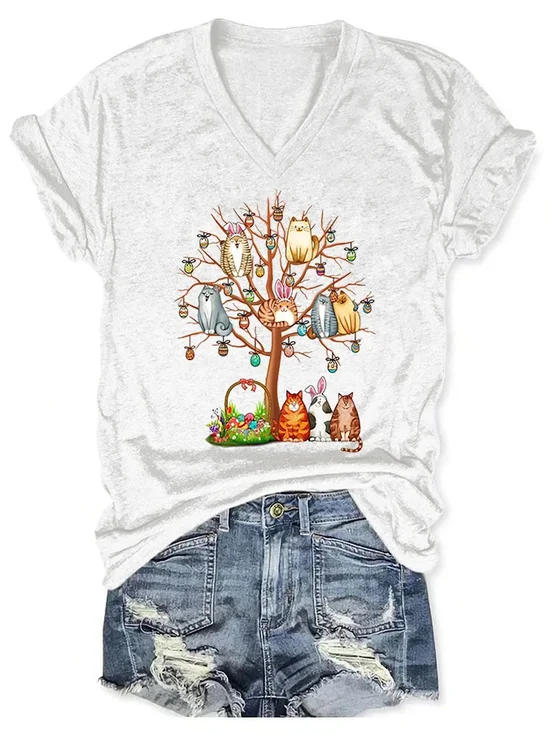 V-neck Retro Easter Egg Tree Cats Print T-Shirt
