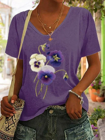 Pansies Floral Casual Cotton-Blend T-Shirt