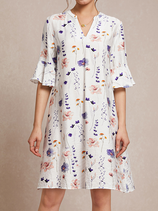 Floral Casual Loose Shirt Collar Flare Sleeve Dress