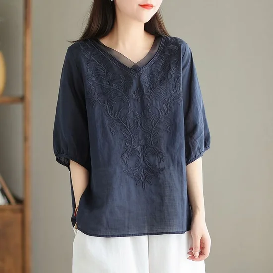 Casual Embroidery Patterns Loose Shirt