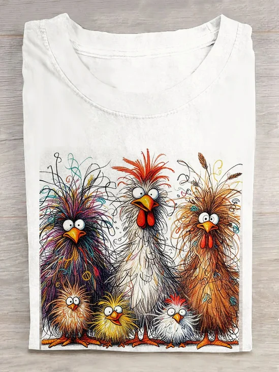 Funny Chicken Art Pritn Casual T-Shirt