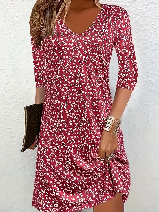 Casual Ditsy Floral V Neck Dress