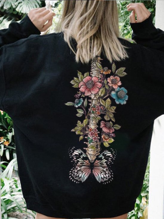 Floral Skull Design Pullover Sweatshirt