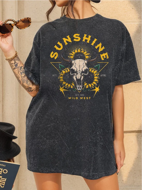 Sunshine Sunflower Constellation Aries Skull Printed Distressing Washed Cotton Short Sleeve T Shirt