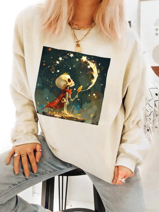 Cute Graffiti little Prince Skeleton With Moon Cotton Sweatshirt