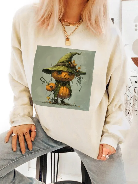Halloween Pumpkin Oil Painting Printed Cotton Sweatshirt