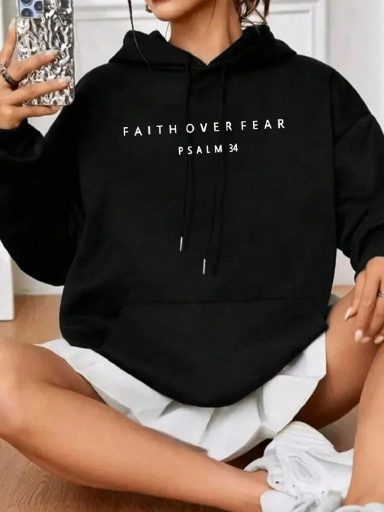 Letters Printed Drawstring Hoodie For Women