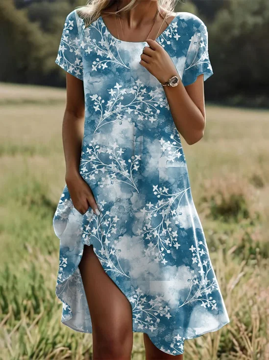 Women's Short Sleeve Summer Blue Floral Crew Neck Daily Going Out Casual Midi H-Line T-Shirt Dress Dress