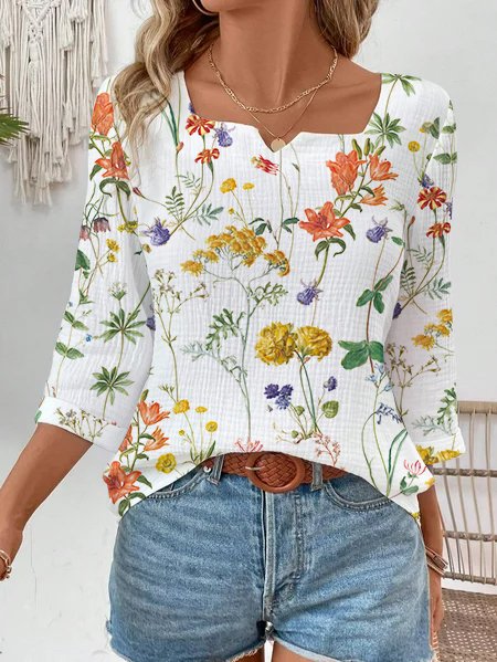 Women's Floral Notched Daily Going Out Casual Top