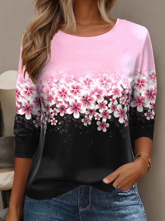 Women's Long Sleeve T-shirt Spring/Fall Black Floral Cotton Crew Neck Daily Going Out Casual Top