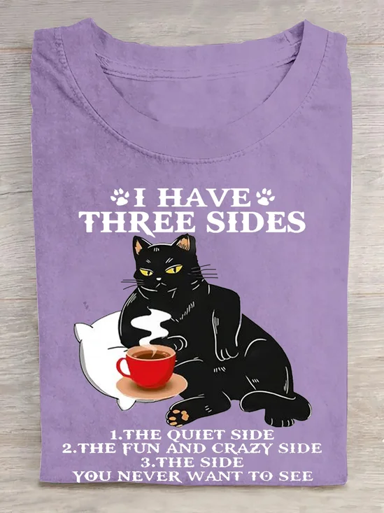 I HAVE THREE SIDES Casual Cotton Cat Crew Neck T-Shirt