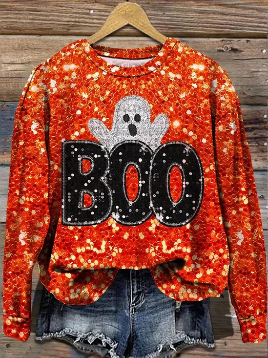 Women Halloween Crew Neck Long Sleeve Vintage Daily Spring/Fall Sweatshirt