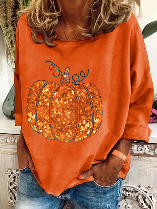 Women's Sequin Pumpkin Print Dropped Shoulder Slit Sweatshirt - Halloween Fall Pullover