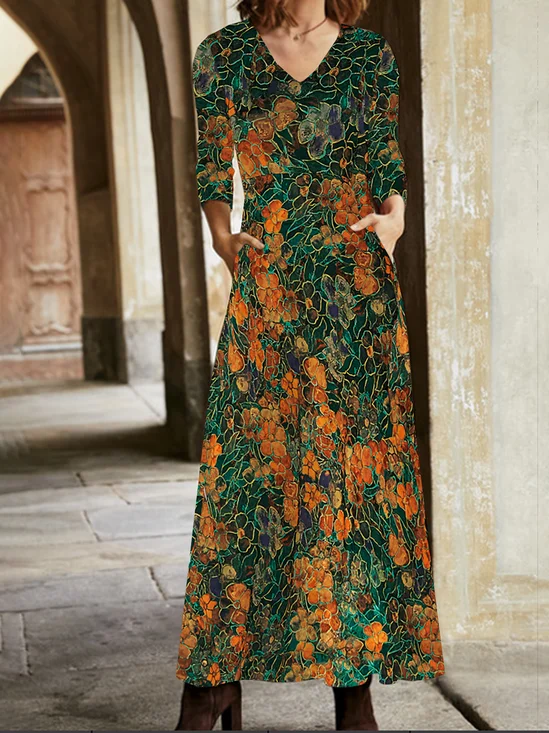 Women Abstract Jersey V Neck T-Shirt Dress Casual Spring/Fall Daily Maxi A-Line Dress