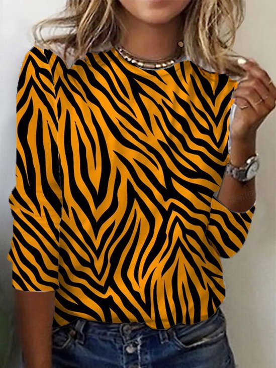 Zebra Print Crew Neck Long Sleeve T-shirt
