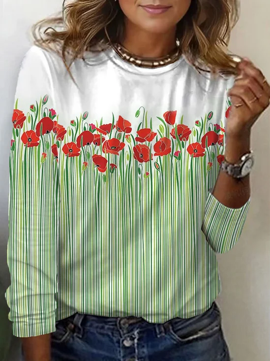 Floral Print Long-Sleeved Crew Neck T-shirt
