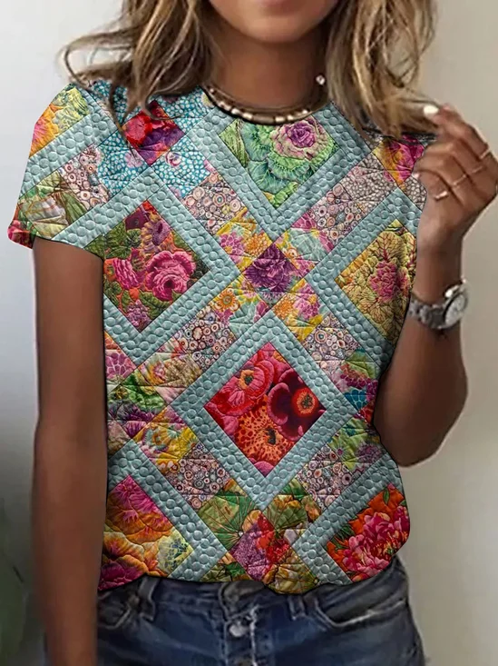 Retro multi-color geometric grid floral short sleeved T-shirt