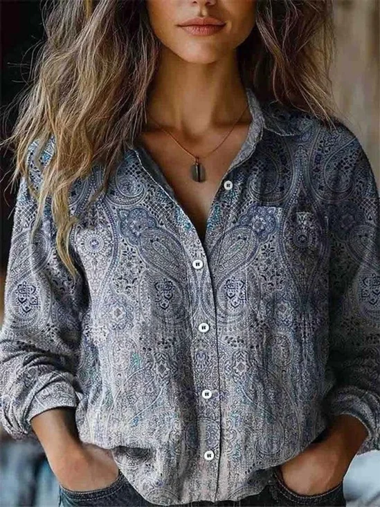 Women Ethnic Shawl Collar Long Sleeve Vintage Daily Spring/Fall Shirt