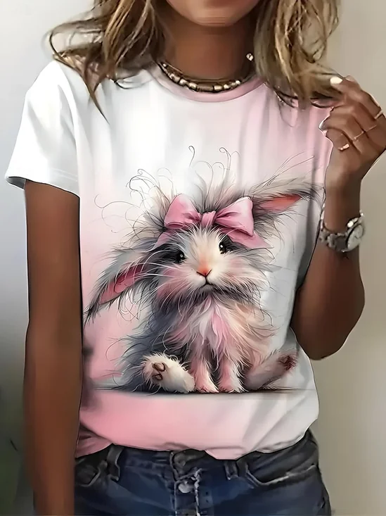 Women's Easter Cute Bunny Printed Round Neck Short Sleeve T-Shirt