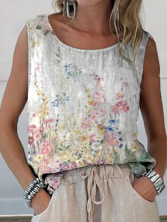 Women's Sleeveless Tank Top Summer White Floral Printing Crew Neck Daily Going Out Casual Top