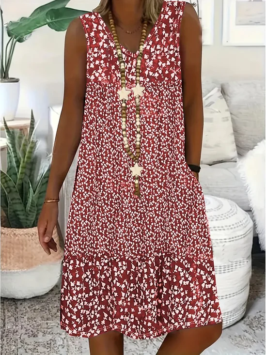 Women Floral Cotton V Neck Casual Summer Daily Midi A-Line Dress