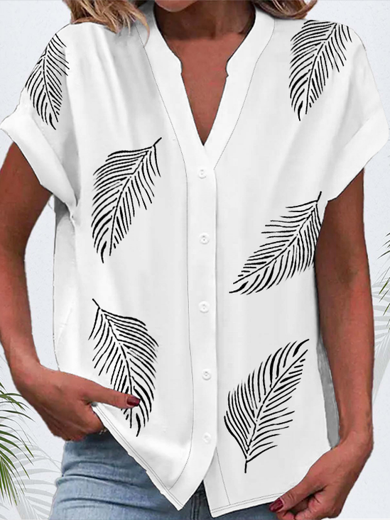 Women Feather V Neck Short Sleeve Casual Daily Summer Shirt