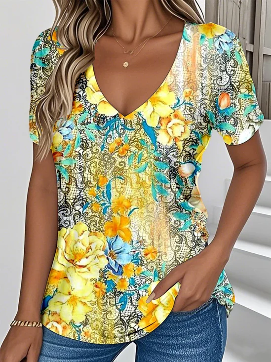 V Neck Loose Ethnic Botanical Pattern T-Shirt