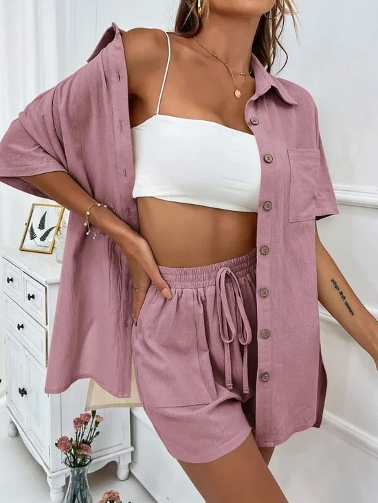 Women's Split Joint Plain Daily Going Out Two-Piece Set Pink Casual Summer Top With Pants Matching Set