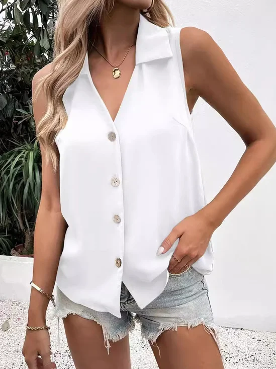 Women's Sleeveless Tank Top Summer White Plain Buckle Stand Collar Daily Going Out Simple Top