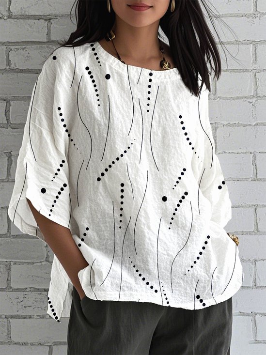 Crew Neck Casual Linen Blend Loose Shirt