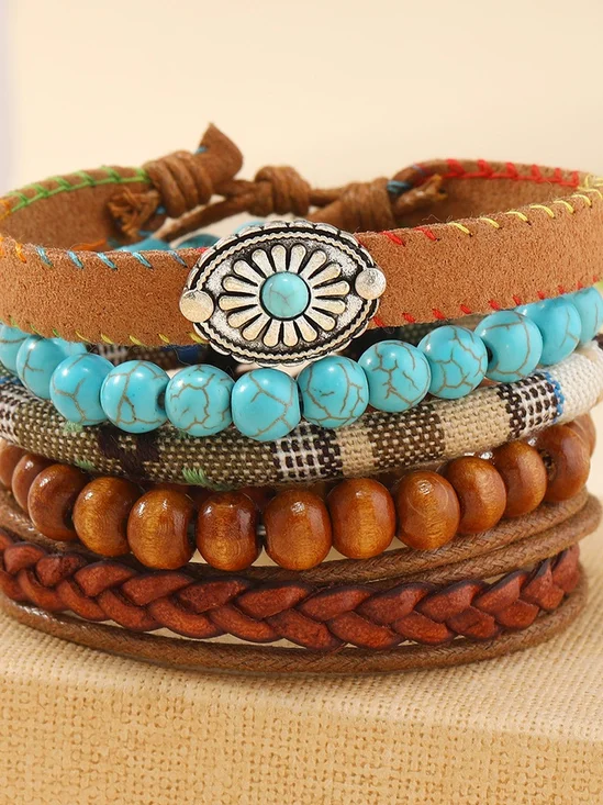 Turquoise Summer New Hot Sale Simple Fashion Bohemian Small Flower Style Turquoise Beaded Wooden Bead Five-piece Bracelet