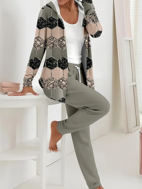 Women's Printing Abstract Daily Going Out Two-Piece Set Gray-brown Casual Spring/Fall Coat With Pants Matching Set