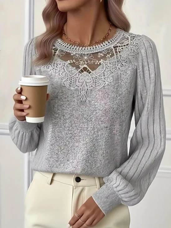 Women Plain Crew Neck Long Sleeve Sexy Daily Spring/Fall Knit Top