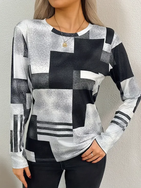 Women's Long Sleeve T-shirt Spring/Fall Gray Abstract Printing Jersey Crew Neck Daily Going Out Casual Top