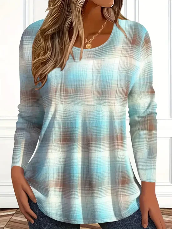 Women's Long Sleeve T-shirt Spring/Fall Blue Abstract Plaid Printing Jersey Crew Neck Daily Going Out Casual Top