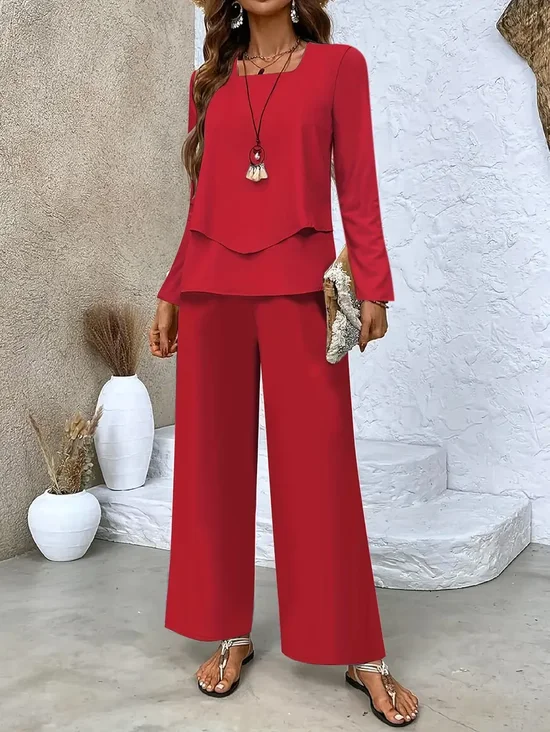 Women's Printing Plain Daily Going Out Two-Piece Set Red Casual Spring/Fall Top With Pants Matching Set