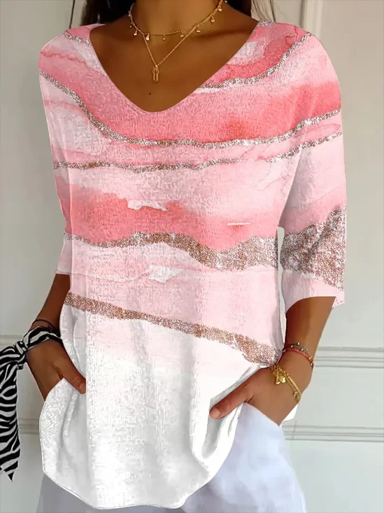 Women's Three Quarter Sleeve T-shirt Spring/Fall Pink Abstract Printing V Neck Daily Going Out Casual Top