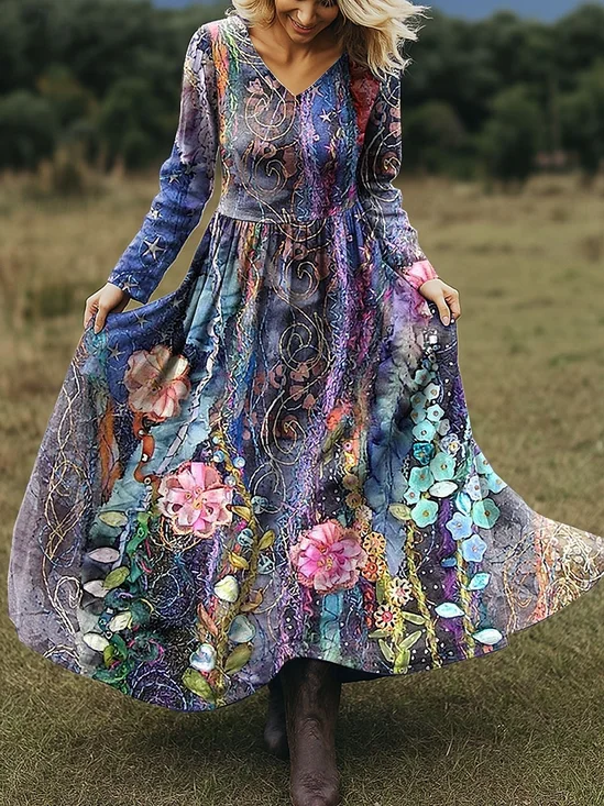 Women Floral Cotton And Linen V Neck Vintage Spring/Fall Party Maxi A-Line Dress
