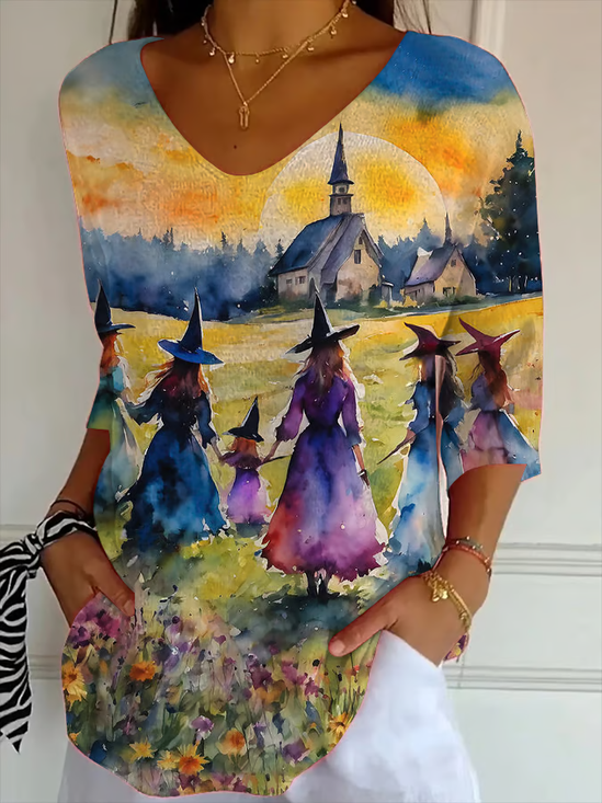 Women Halloween V Neck Three Quarter Sleeve Vintage Holiday Spring/Fall T-shirt