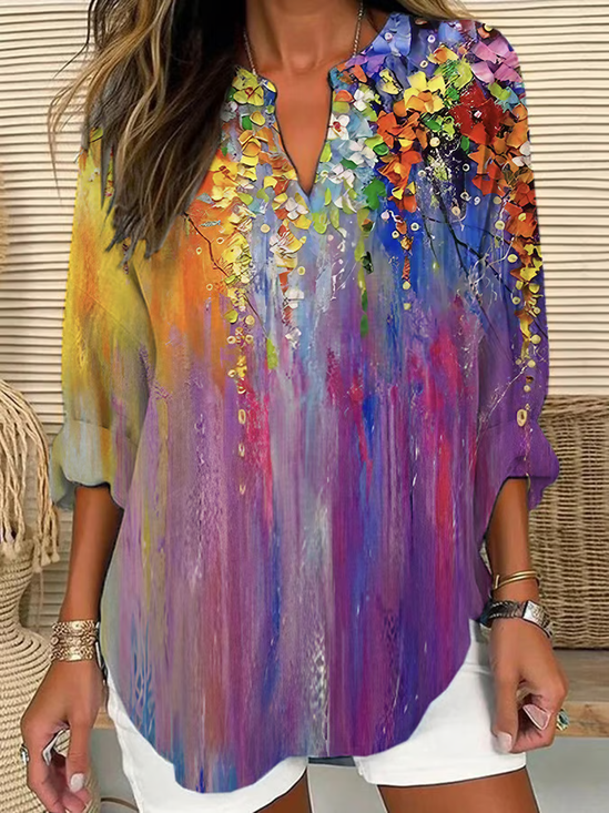 Women's Long Sleeve Blouse Spring/Fall As Picture Floral Printing Cotton-Blend V Neck Daily Going Out Casual Top