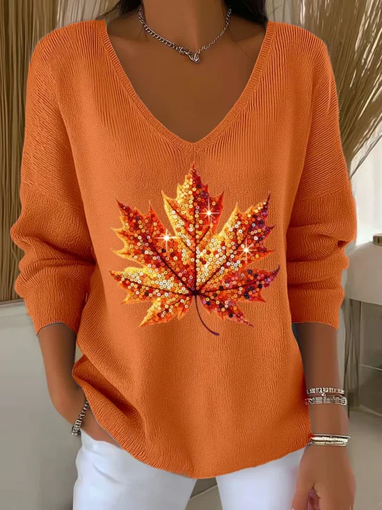 Women Maple Leaf V Neck Cotton Long Sleeve Casual Daily Spring/Fall Sweater