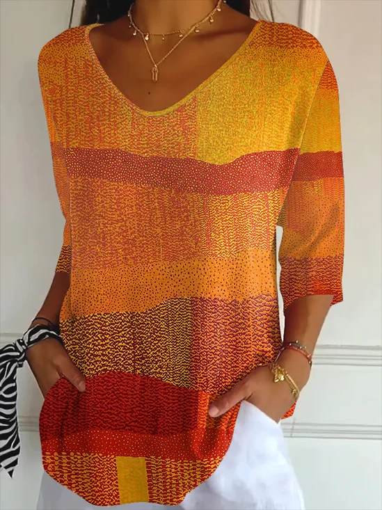Women's Three Quarter Sleeve T-shirt Spring/Fall Orange Halloween Printing V Neck Daily Going Out Casual Top