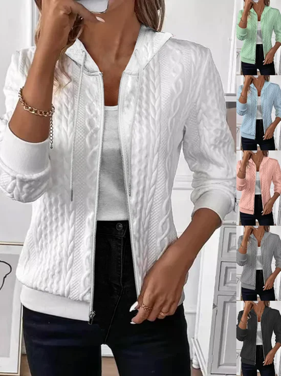 Women Plain Hoodie Bomber Jacket Long Sleeve Vintage Jacquard Spring/Fall Daily Jacket Outerwear