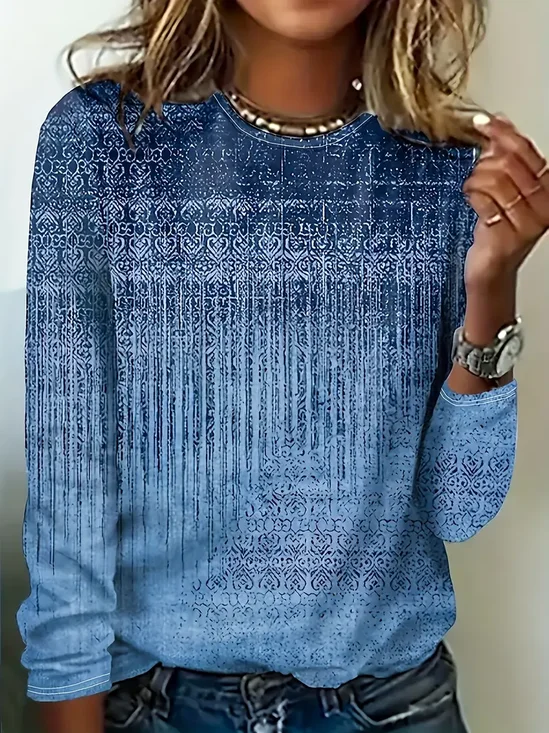 Women's Long Sleeve T-shirt Spring/Fall Blue Abstract Printing Jersey Crew Neck Daily Going Out Casual Top