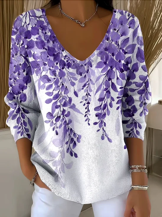 Cotton Casual V Neck Plants Sweater